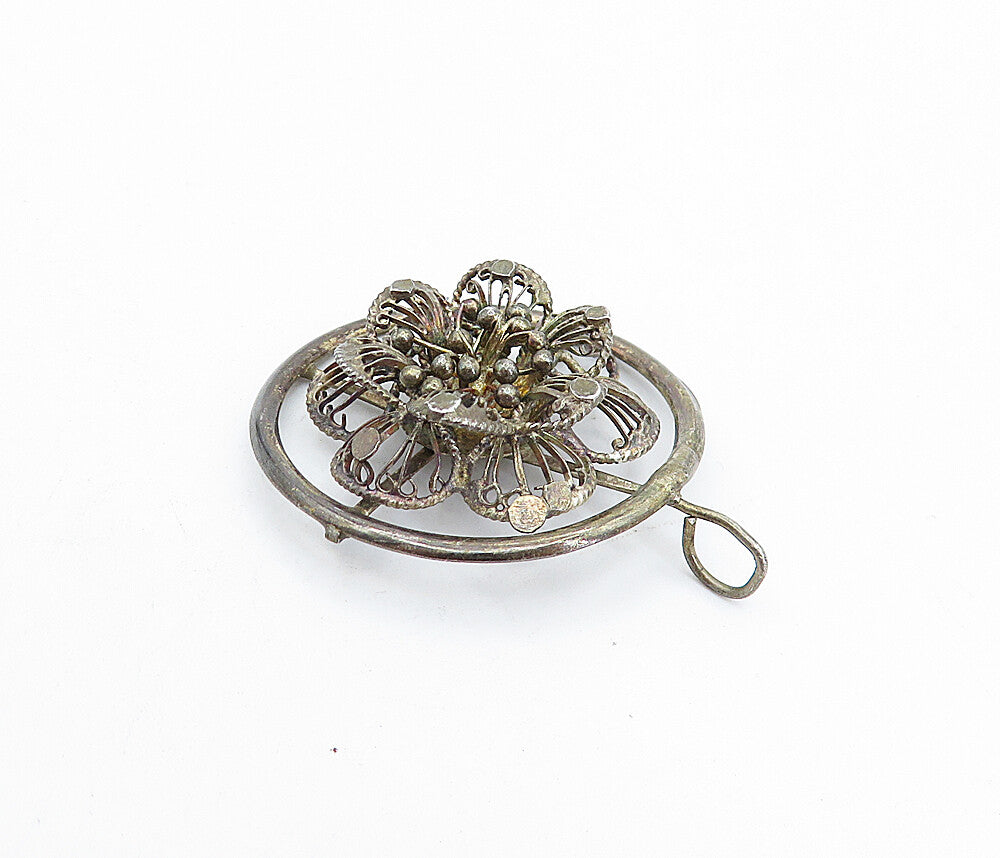 925 Sterling Silver  Vintage Dark Tone Flower Filigree Round Pendant  PT3064