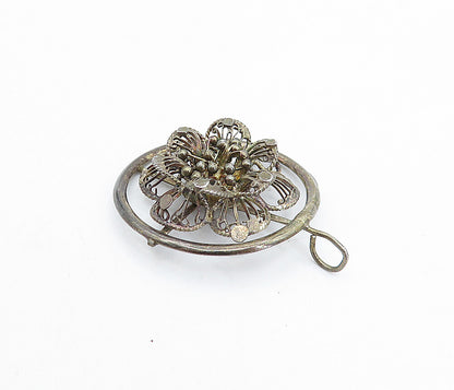 925 Sterling Silver  Vintage Dark Tone Flower Filigree Round Pendant  PT3064