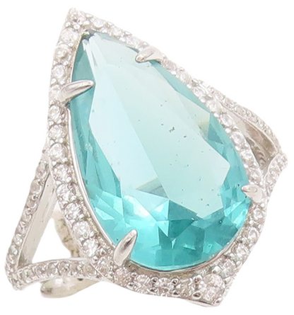 925 Sterling Silver Vintage Ring Drop Cut Sea Blue & White CZ  Sz 7  RG30649