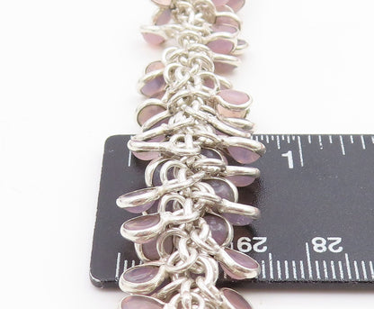 925 Sterling Silver Vintage Bracelet Modernist Rose Quartz Cluster Link  BT11936