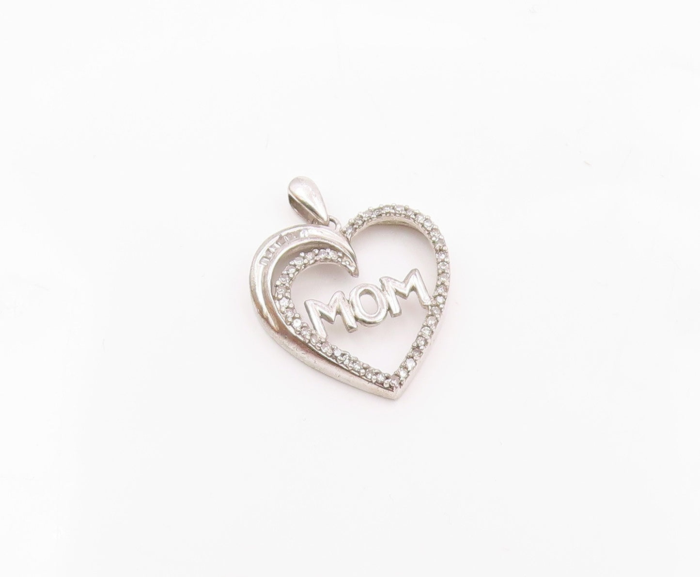 925 Sterling Silver  Vintage Genuine Diamonds Mom Love Heart Pendant  PT12946