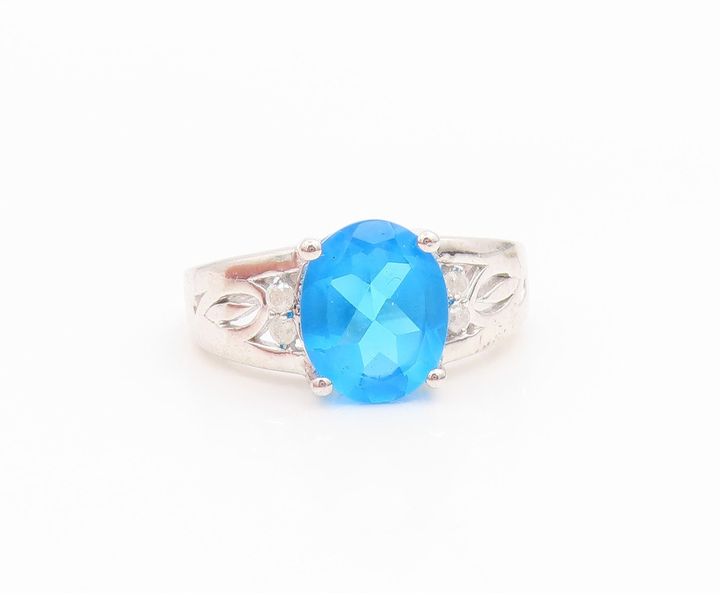 925 Sterling Silver Vintage Ring Real Diamonds & Blue Topaz Band  Sz 7  RG36139