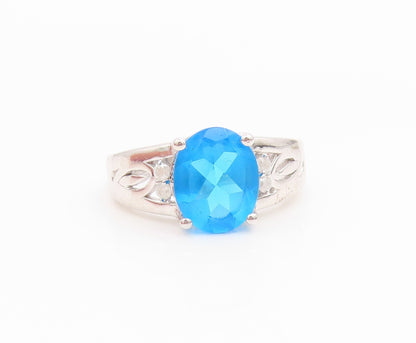 925 Sterling Silver Vintage Ring Real Diamonds & Blue Topaz Band  Sz 7  RG36139
