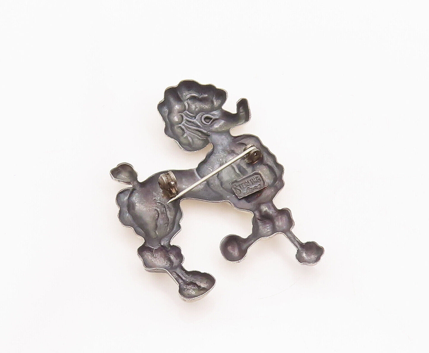 925 Sterling Silver Vintage Brooch Pin LANG Solid Carved Groomed Poodle  BP10846