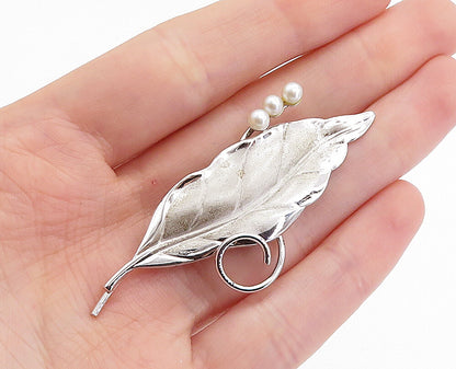 CARL ART 925 Silver Vintage Petite Pearls Shiny Floral Leaf Brooch Pin BP2418