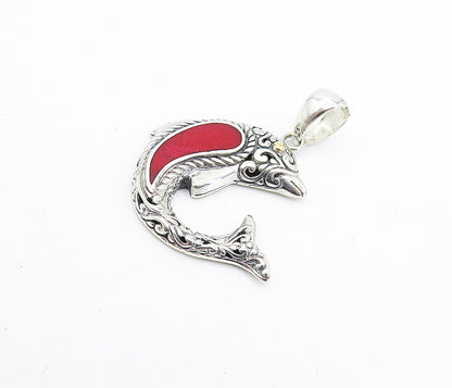 925 Sterling Silver & 18K GOLD  Red Coral Shiny Dolphin Motif Pendant  PT5840