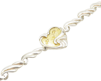 GORHAM 925 Silver  Vintage 2 Tone Heart Footprint Quote Chain Bracelet  BT6941
