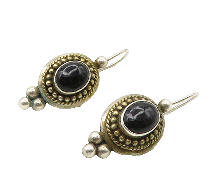 925 Sterling Silver  Vintage Cabochon Cut Black Onyx Drop Earrings  EG8414