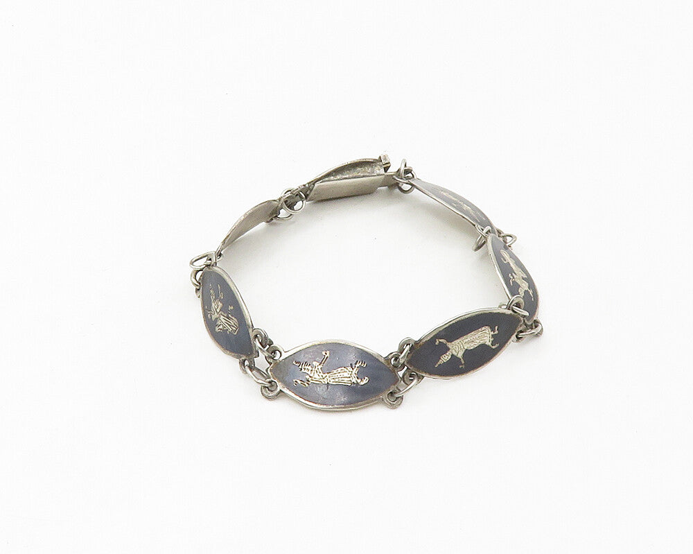 SIAM 925 Sterling Silver  Vintage Niello Enamel Dancer Chain Bracelet  BT6939