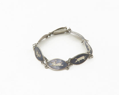 SIAM 925 Sterling Silver  Vintage Niello Enamel Dancer Chain Bracelet  BT6939