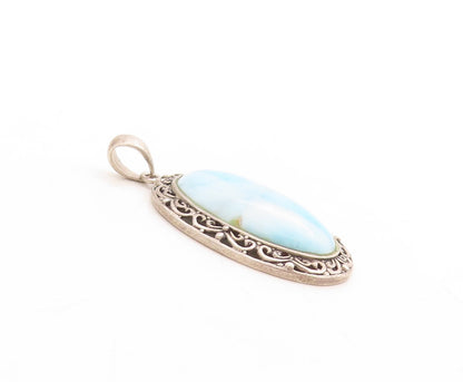925 Sterling Silver Vintage Pendant Swirly Carved Oval Frame Larimar  PT23761