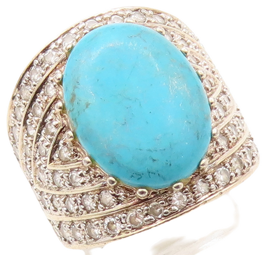 925 Sterling Silver Vintage Ring Gold Plated Large Turquoise & CZ  Sz 7  RG31031