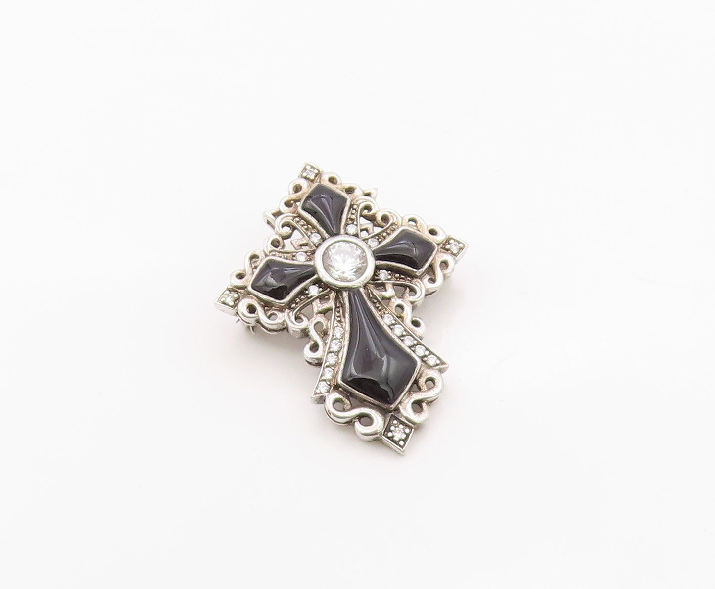 925 Sterling Silver Vintage Brooch Pin Onyx & Topaz Religious Cross  BP12576