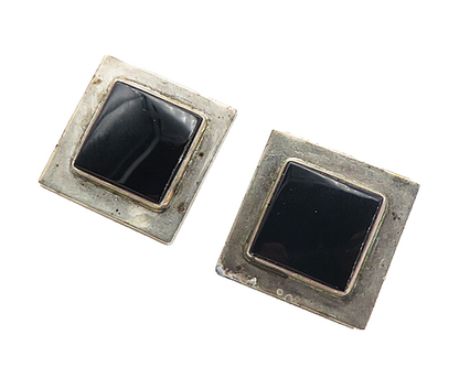 MEXICO 925 Sterling Silver  Vintage Black Onyx Square Drop Earrings  EG4304