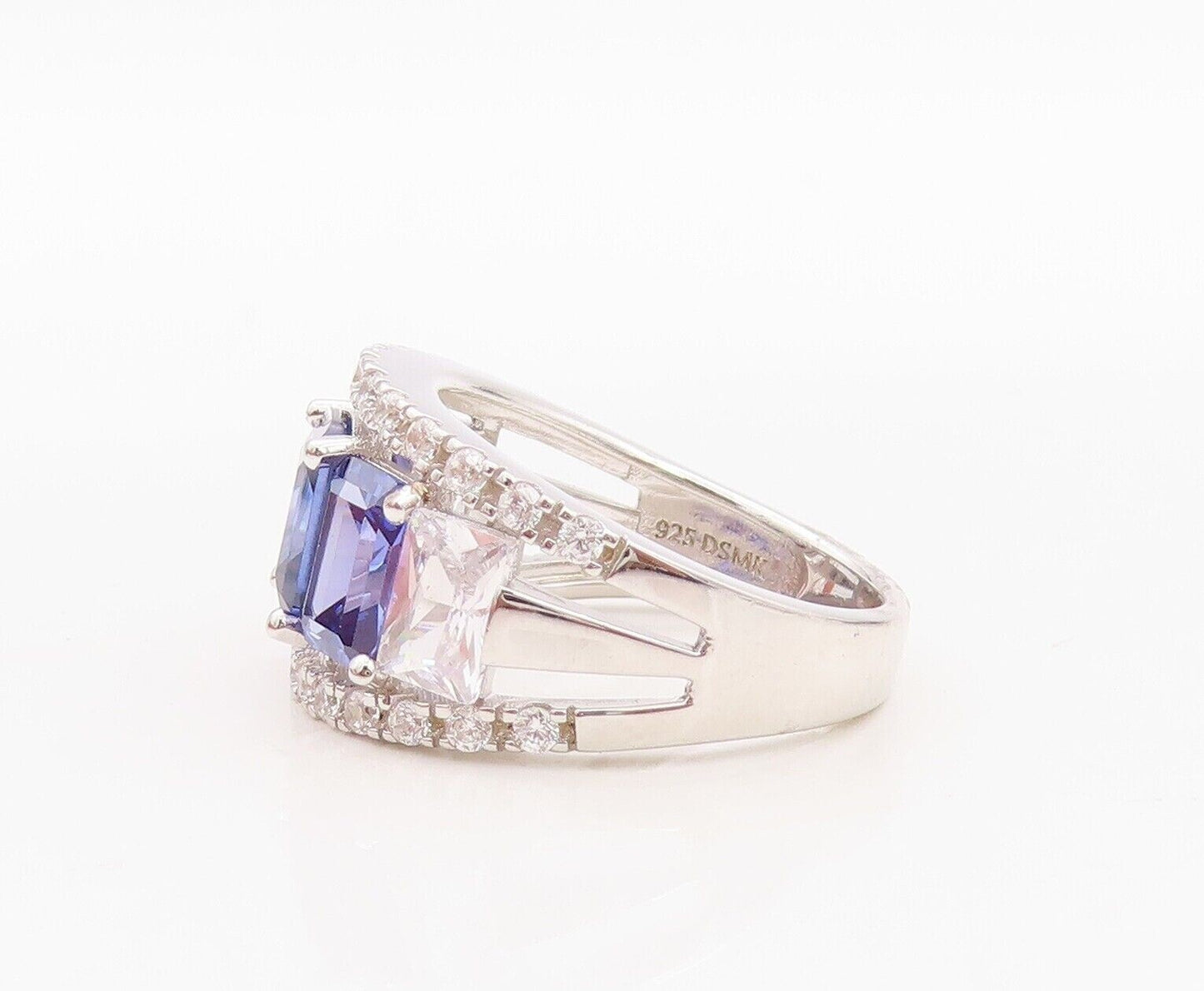 925 Sterling Silver Vintage Ring Designer Cutout Sapphire & Topaz Sz 7.5 RG30058