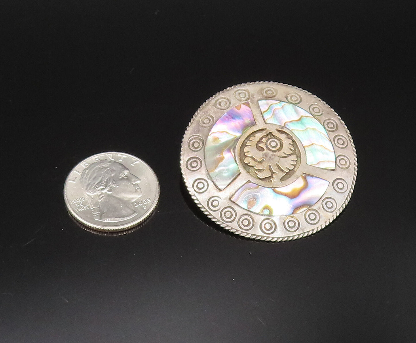 MEXICO 925 Silver  Vintage Rope Border & Circles Abalone Brooch Pin  BP10037