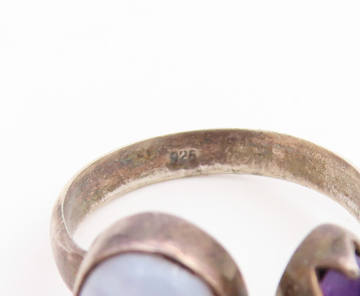 925 Sterling Silver Vintage Ring Amethyst & Moonstone Open Cuff  Sz 9  RG34616