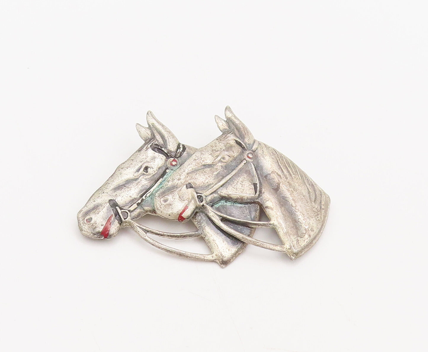 UNCAS 925 Silver  Vintage Antique Solid Carved Horse Faces Brooch Pin  BP10493