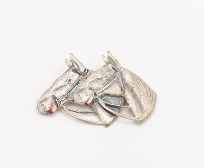 UNCAS 925 Silver  Vintage Antique Solid Carved Horse Faces Brooch Pin  BP10493