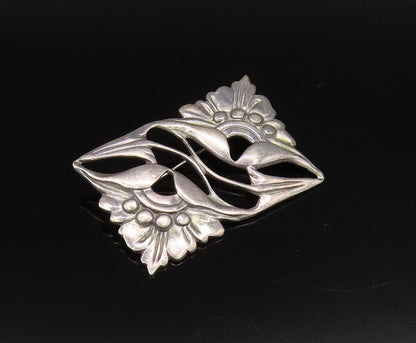 925 Silver  Vintage Antique Openwork Double Flower Rectangle Brooch Pin BP9998
