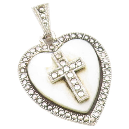925 Sterling Silver Vintage Pendant Mother Of Pearl Love Heart & Cross  PT26413