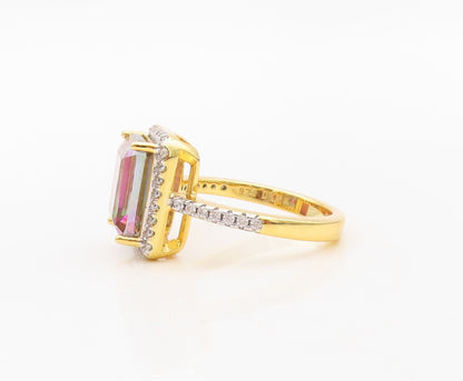 925 Sterling Silver Vintage Ring Gold Plated Mystic Topaz Halo CZ  Sz 7  RG30241
