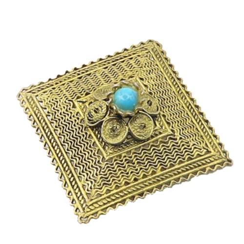 925 Sterling Silver  Vintage Turquoise Floral Design Square Brooch Pin  BP7486