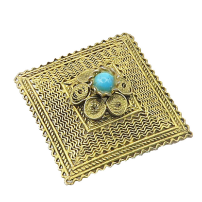 925 Sterling Silver  Vintage Turquoise Floral Design Square Brooch Pin  BP7486
