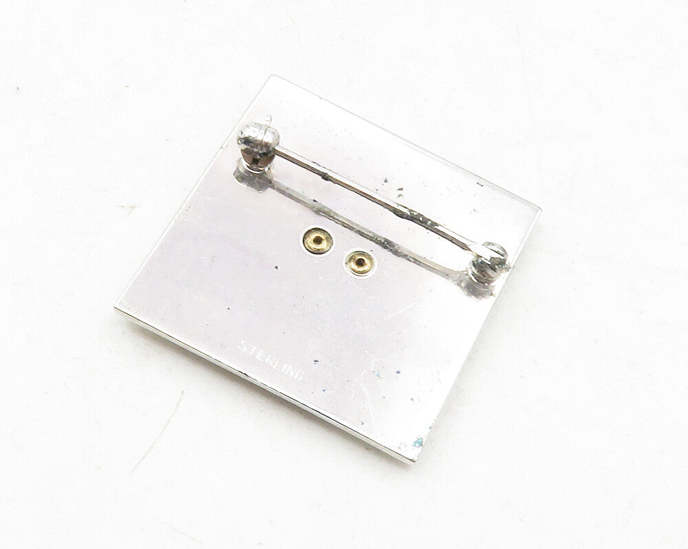 925 Sterling Silver  Vintage Blue Topaz Two Tone Square Brooch Pin  BP4605