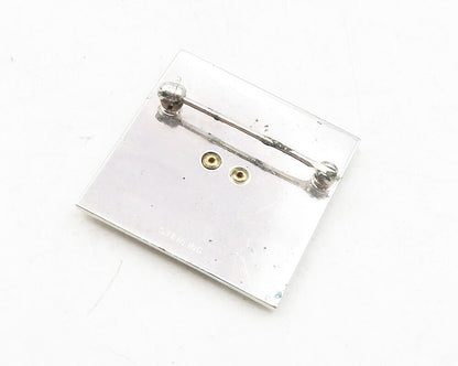 925 Sterling Silver  Vintage Blue Topaz Two Tone Square Brooch Pin  BP4605