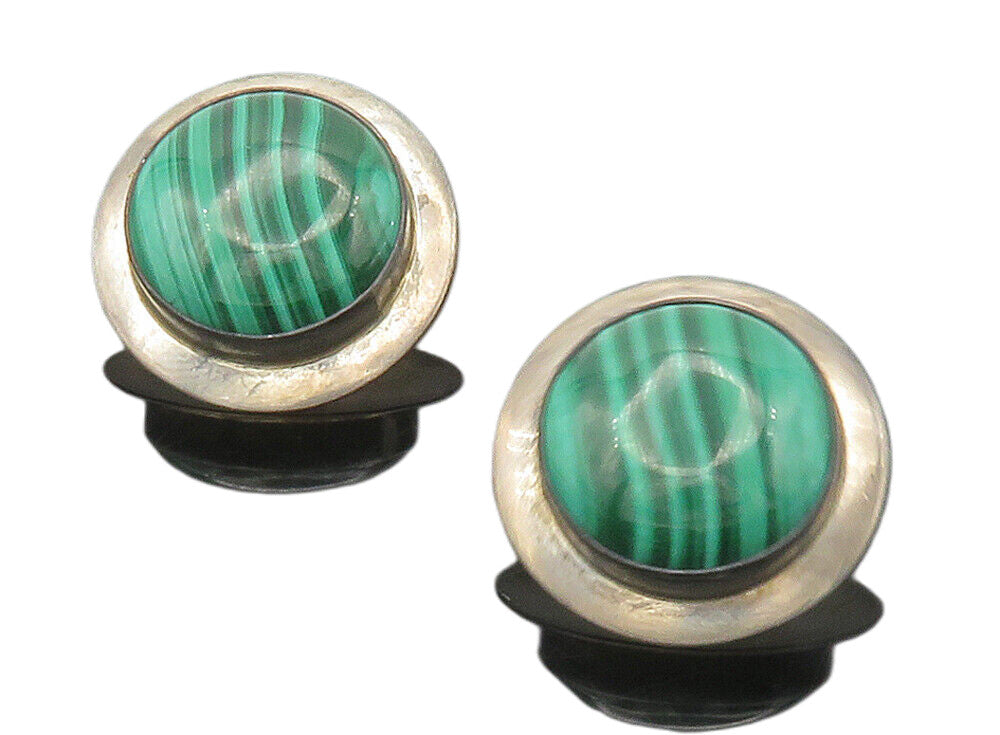 925 Sterling Silver  Vintage Cabochon Malachite Button Drop Earrings  EG7769