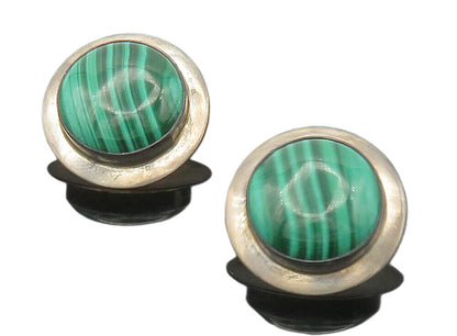 925 Sterling Silver  Vintage Cabochon Malachite Button Drop Earrings  EG7769