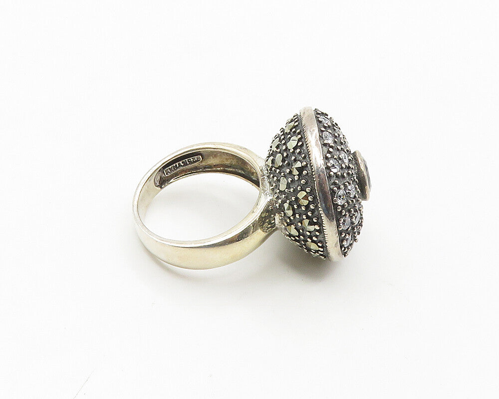925 Silver  Vintage Hematite & Cubic Zirconia Cocktail Ring Sz 7  RG18412