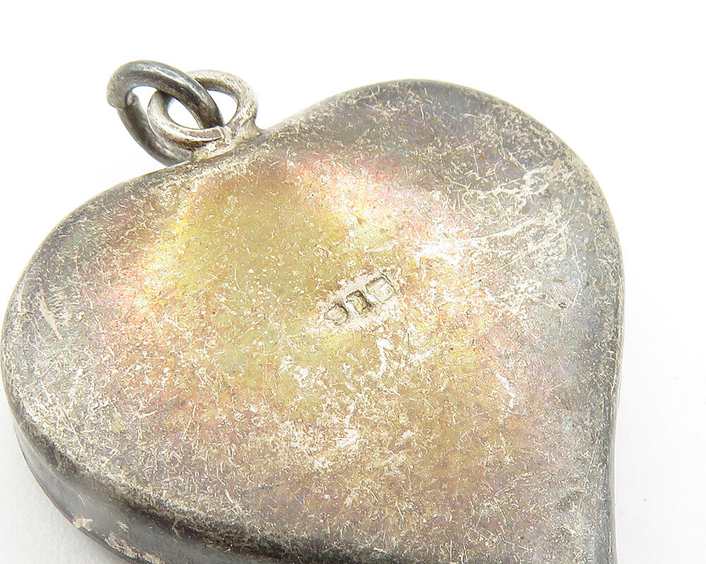 925 Sterling Silver  Vintage Flower Glass Art Love Heart Drop Pendant  PT7968