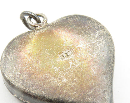 925 Sterling Silver  Vintage Flower Glass Art Love Heart Drop Pendant  PT7968