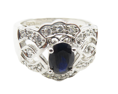 925 Sterling Silver  Hematite & Topaz Shiny Cutout Band Ring Sz 6  RG11465