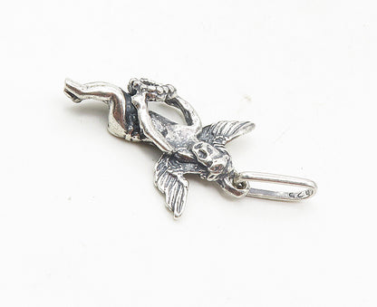 925 Sterling Silver  Vintage Shiny Sculpted Flying Angel Love Pendant  PT7047