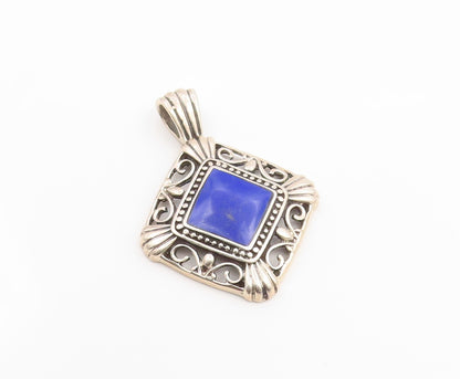 925 Sterling Silver Vintage Pendant MEXICO Lapis Lazuli Geometric Charm  PT26036