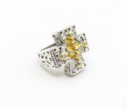 925 Sterling Silver  Topaz Accent Two Tone Cross Cocktail Ring Sz 5  RG9187