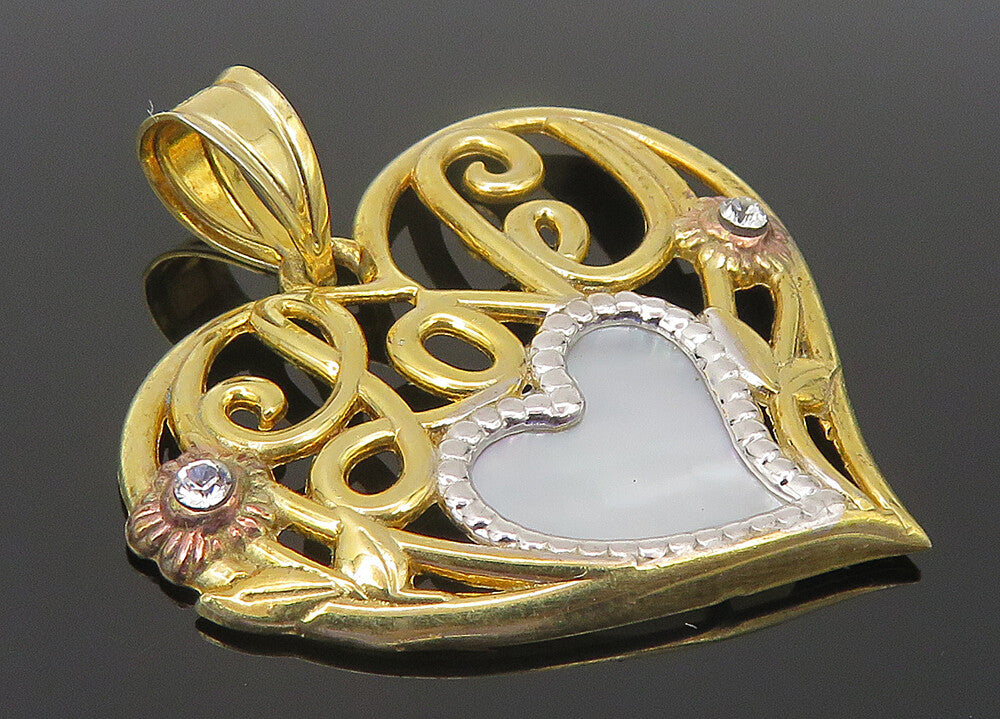 925 Sterling Silver  Mother Of Pearl & Topaz 2 Tone Love Heart Pendant  PT8698