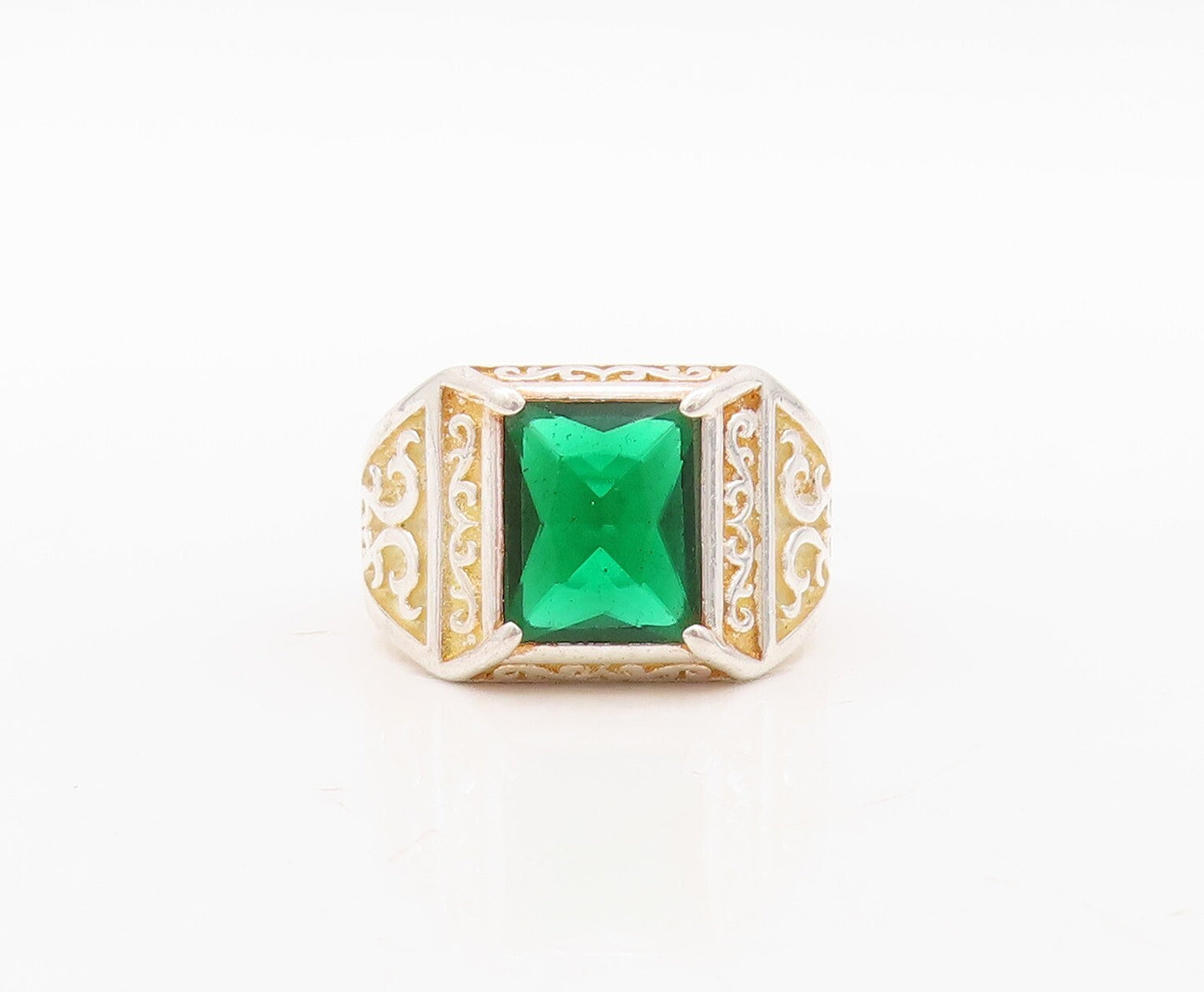 925 Sterling Silver Vintage Ring Swirly Carved Square Cut CZ  Sz 9  RG31134