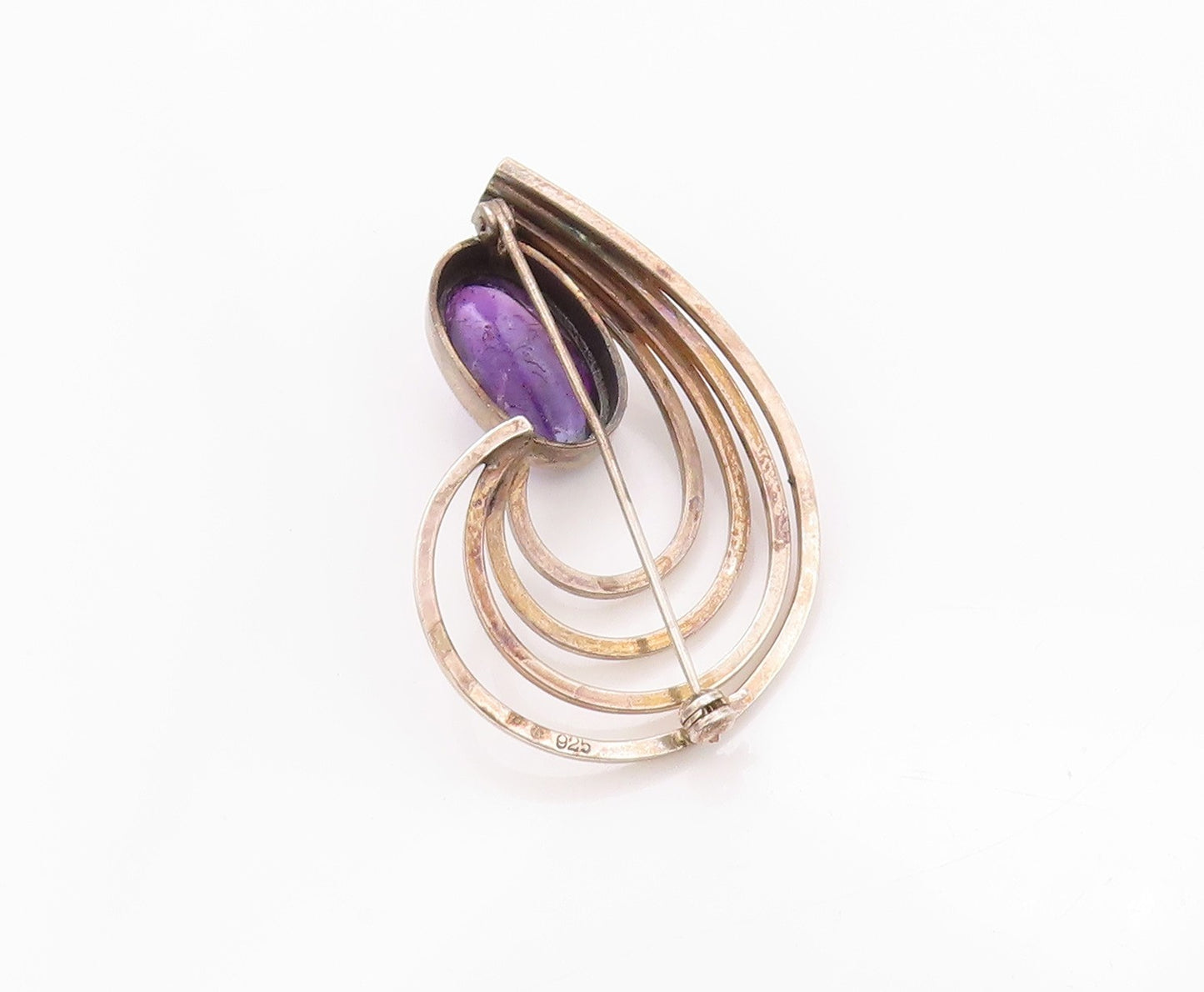 925 Sterling Silver Vintage Brooch Modernist Oval Amethyst Drop Cut Band BP11576