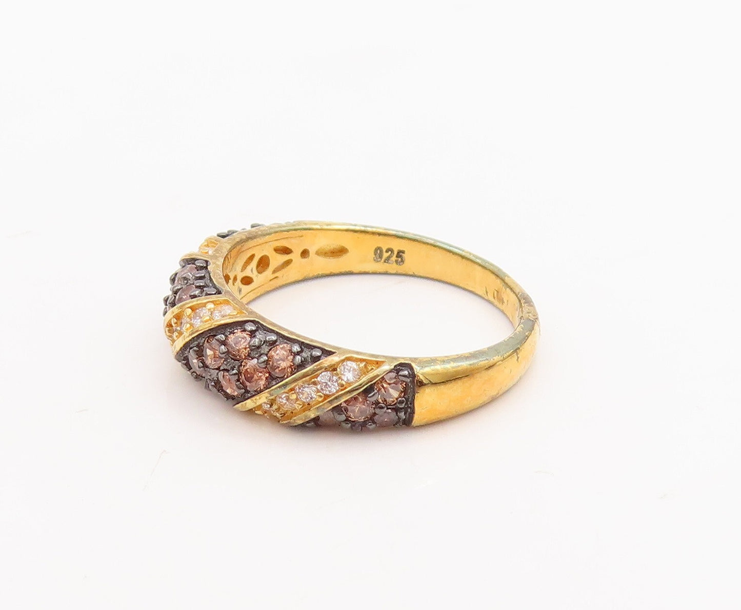 925 Sterling Silver Vintage Ring Gold Plated Smokey Quartz & CZ  Sz 7  RG29037