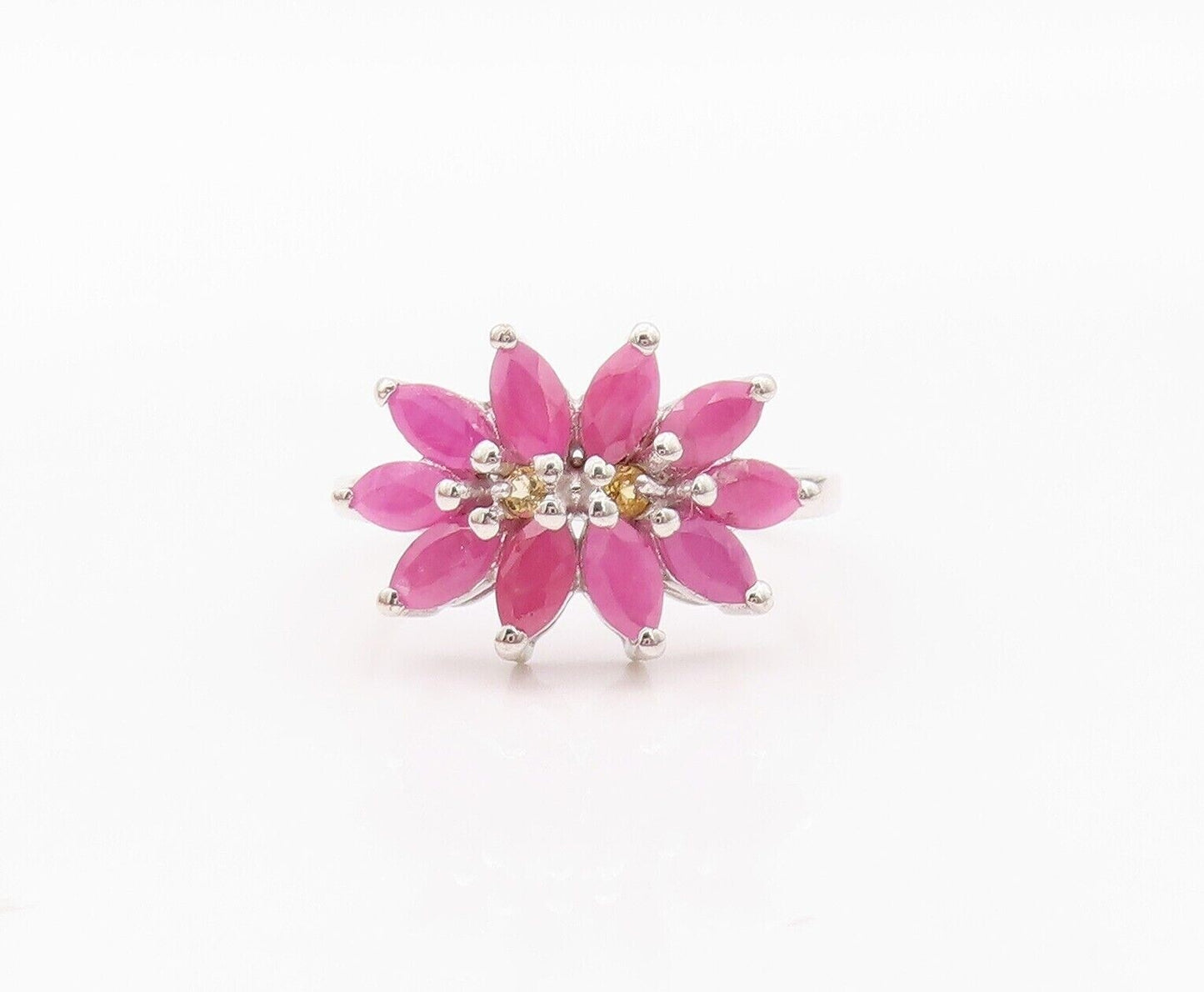925 Sterling Silver Vintage Ring Citrine & Ruby Floral Design  Sz 7  RG29951