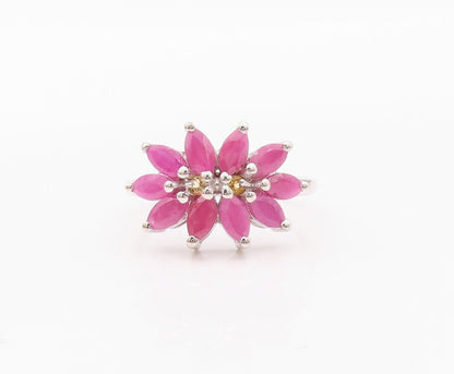 925 Sterling Silver Vintage Ring Citrine & Ruby Floral Design  Sz 7  RG29951