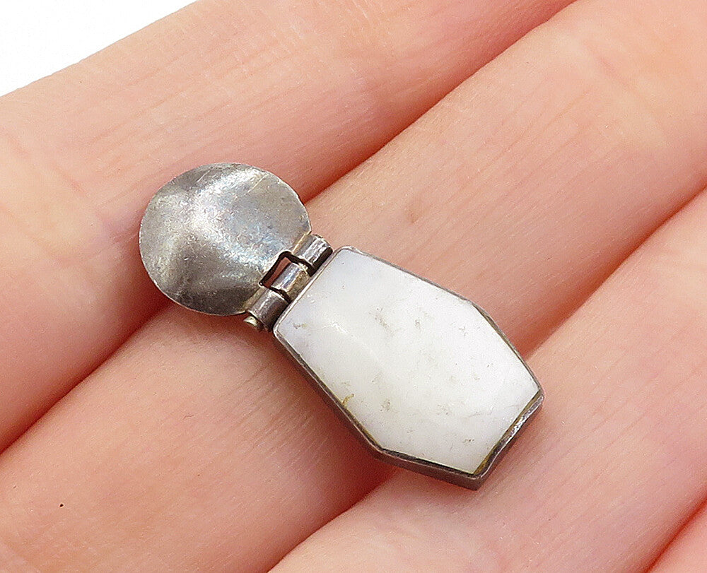 925 Sterling Silver  Vintage Mother Of Pearl Coffin Shape Hinge Pendant PT4731