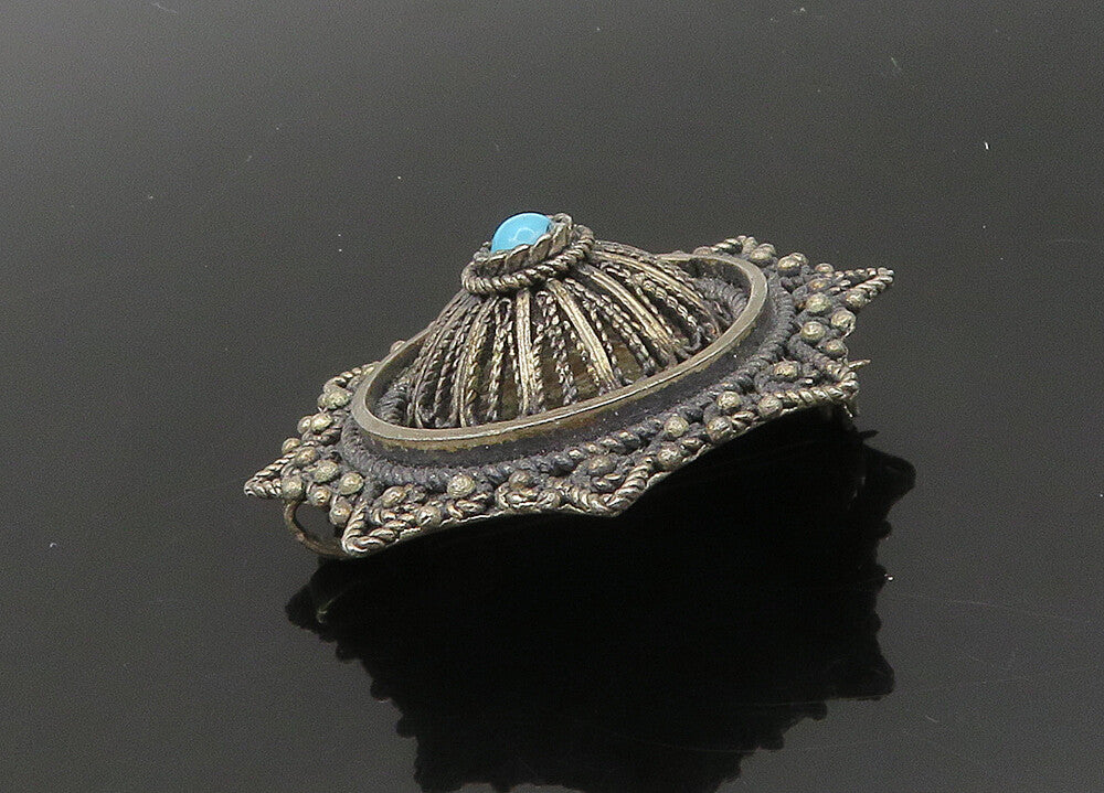 ISRAEL 925 Sterling Silver  Vintage Antique Turquoise Dome Brooch Pin  BP8322