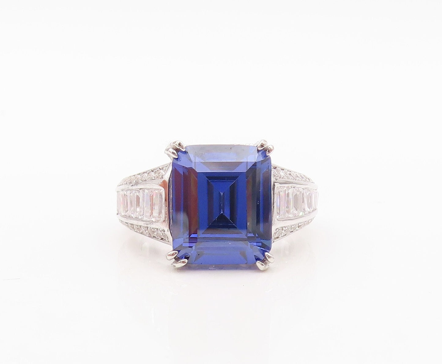 925 Sterling Silver Vintage Ring Designer Rectangle Sapphire CZ  Sz 7  RG30348