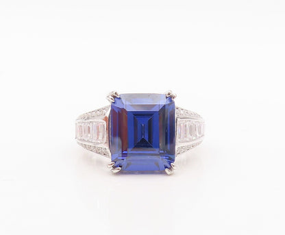 925 Sterling Silver Vintage Ring Designer Rectangle Sapphire CZ  Sz 7  RG30348