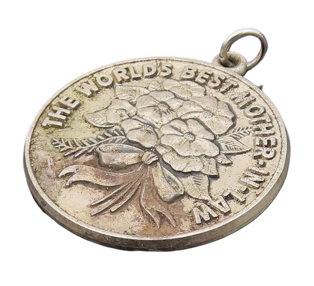 925 Sterling Silver Vintage Best Mother In Law Medal Carved Pendant PT22097
